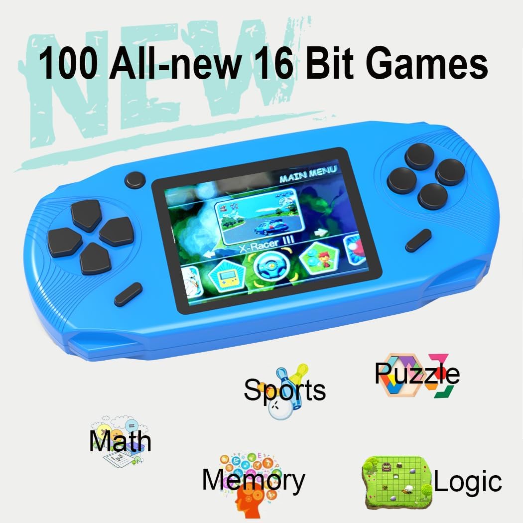 16 Bit Handheld Games for Kids Adults 3.0'' Large Screen Preloaded 100 HD Classic Retro Video Games USB Rechargeable Seniors Electronic Game Player Birthday Xmas Present (Blue)