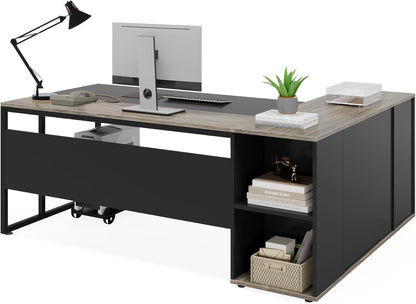 Tribesigns 71 inch Executive Desk, L Shaped Desk with Cabinet Storage, Executive Office Desk with Shelves, Business Furniture Desk Workstation for Home Office, Gray