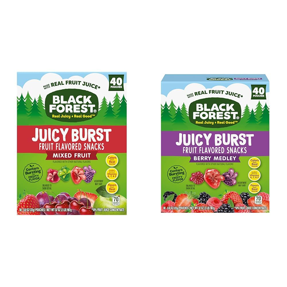 Black Forest, Juicy Burst, Fruit Flavored Snacks, Mixed Fruit Flavors, A Juicy Burst of Natural Flavors, Made with Real Fruit Juice, School Snacks, 0.8 oz 40 ct