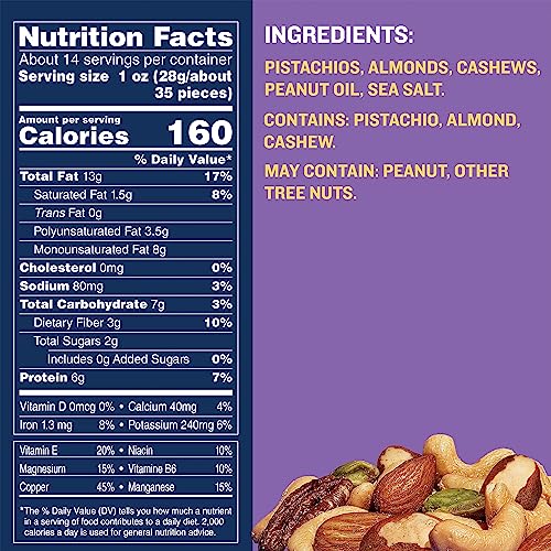 PLANTERS Pistachio Lovers Nut Mix, Mixed Nuts Snack with Pistachios no shell, Almonds & Cashews, Party Snacks, Plant-Based Protein, After School Snack, Bulk Nuts, Kosher 1lb 2.5oz Canister