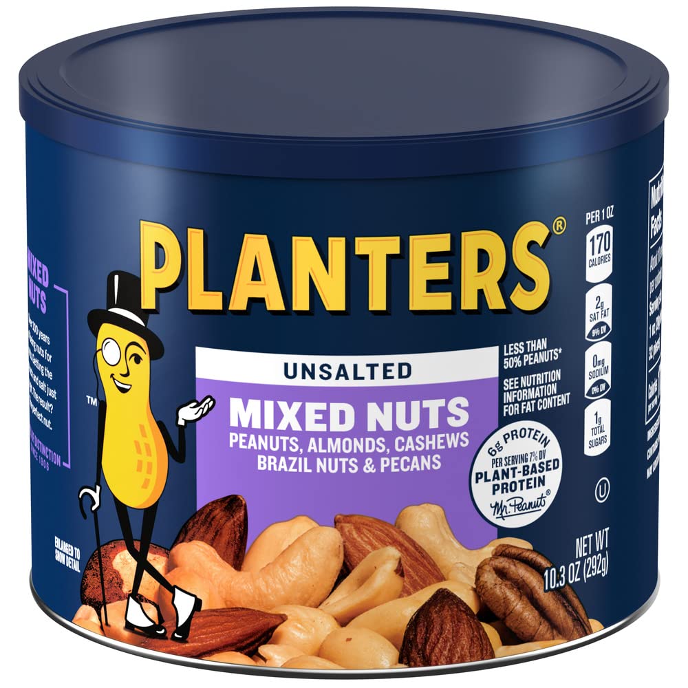 PLANTERS Roasted Unsalted Mixed Nuts, 10.3 oz Canister