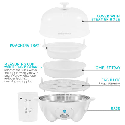 Elite Gourmet EGC-007## Rapid Egg Cooker, 7 Easy-To-Peel, Hard, Medium, Soft Boiled Eggs, Poacher, Omelet Maker, Auto Shut-Off, Alarm, 16-Recipe Booklet, BPA-Free, White