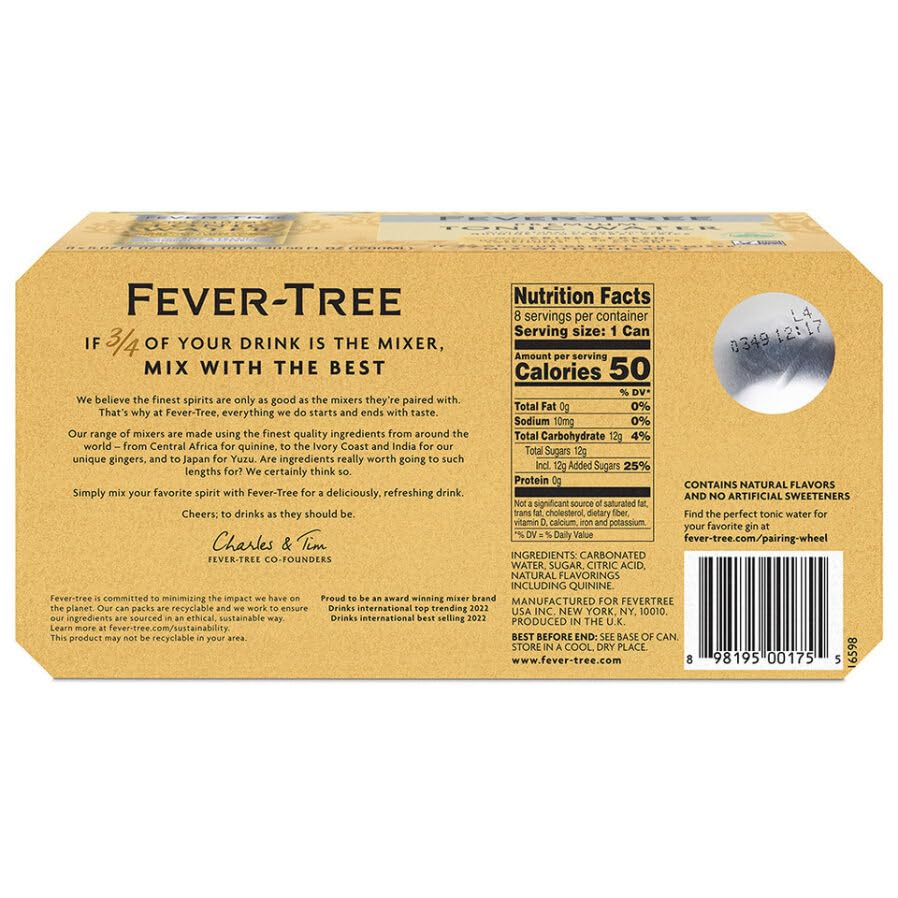 Fever-Tree Light Tonic Water Cans, 5.07 Fl Oz (Pack of 24), Lower in Calories, No Artificial Sweeteners, Flavorings or Preservatives (Packaging may vary)