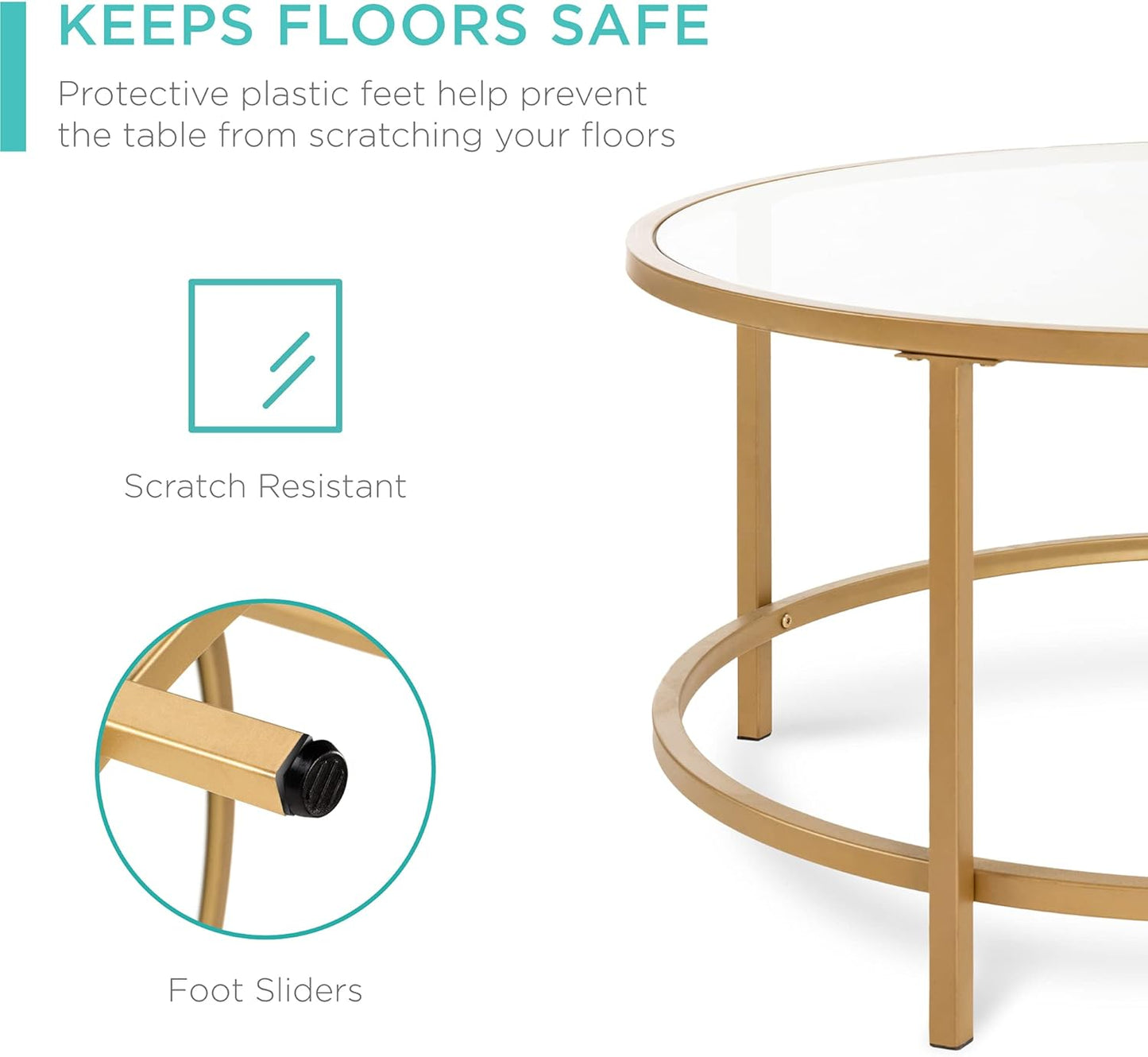 Best Choice Products 36in Modern Round Tempered Glass Accent Side Coffee Table for Living Room, Dining Room, Tea, Home Décor w/Satin Trim, Metal Frame, Non-Marring Foot Caps - Bronze Gold