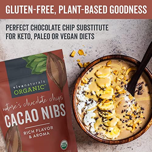 Viva Naturals Organic Cacao Nibs, 1 Lb - Certified Keto and Vegan Superfood, Perfect for Gluten Free Baking, Cacao Nib Smoothies and Healthy Snacks, Premium Criollo Beans, Non-GMO