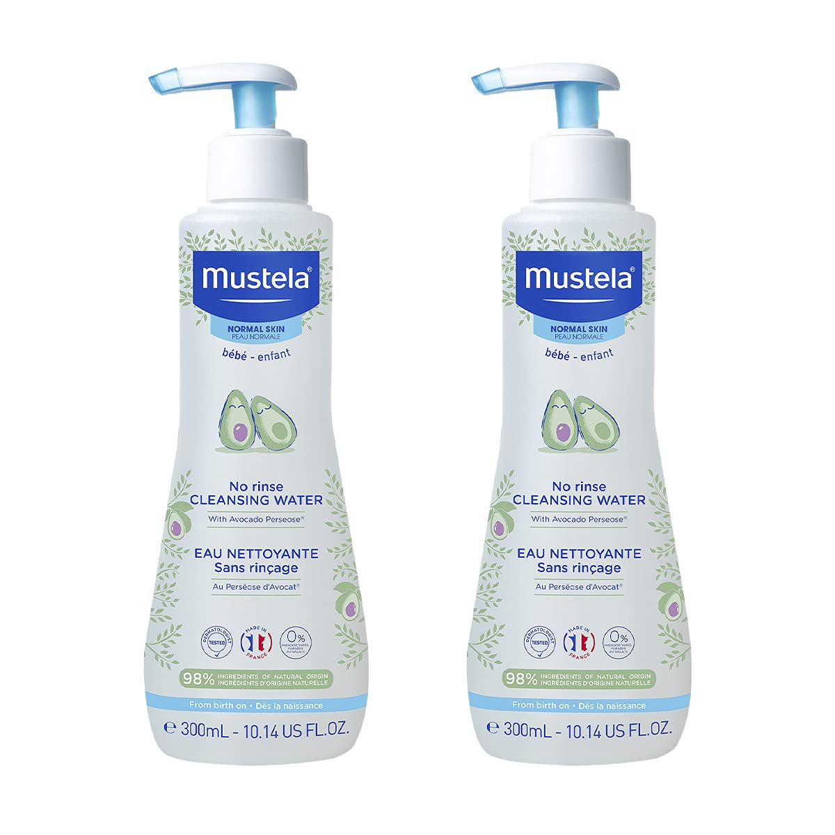 Mustela Baby Cleansing Water - No-Rinse Micellar Water - with Natural Avocado & Aloe Vera - for Baby's Face, Body & Diaper - 1 or 2-Pack - Various Sizes