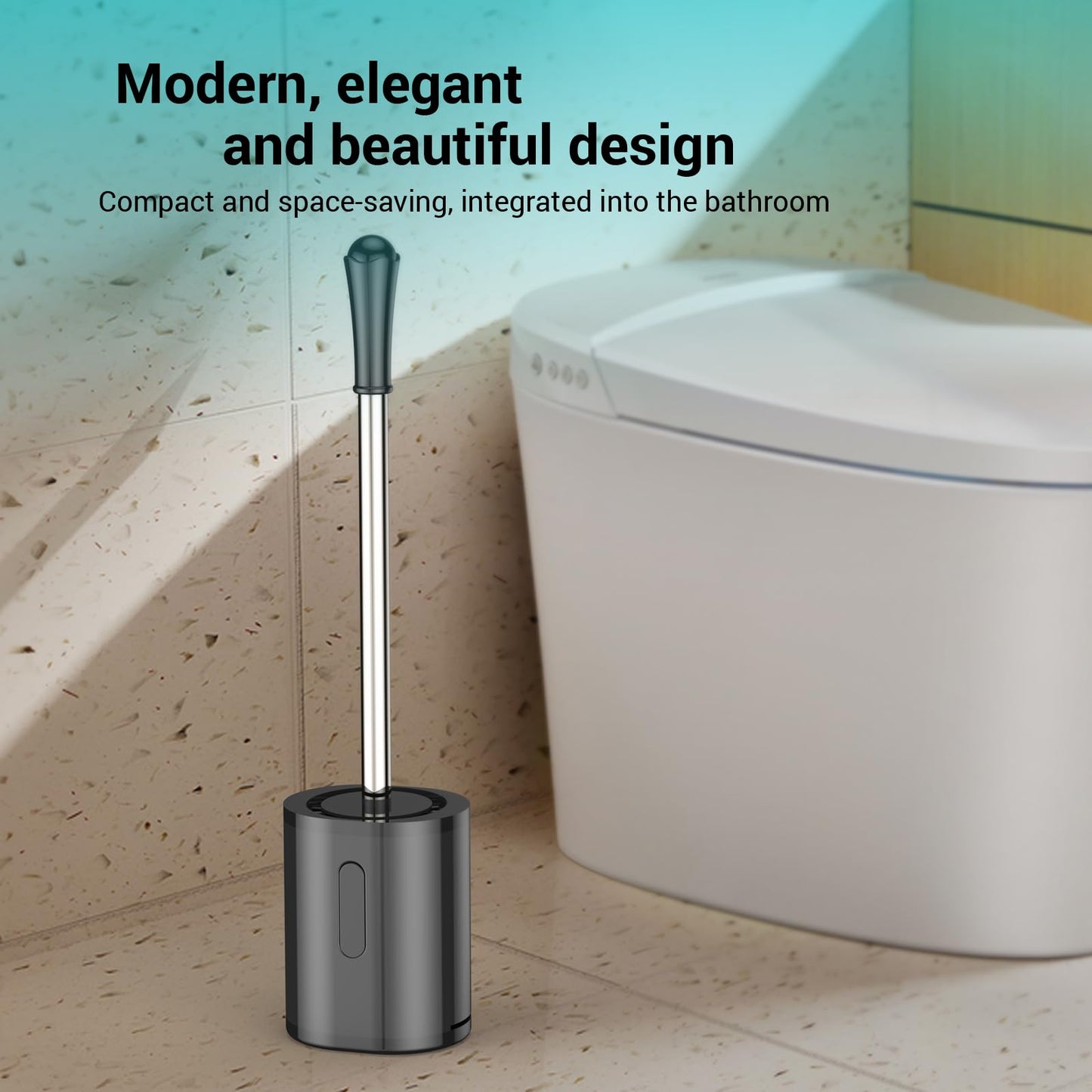 Compact Toilet Brush & Holder, Stainless Steel Handle, Space Saving for Storage, Deep Cleaning, Drip-Proof, Easy to Assemble, Nylon Bristles, White & Grey