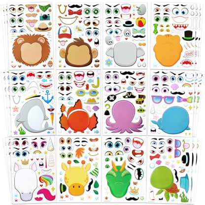 JOYIN 36 PCS 9.8”x6.7" Make a face Stickers for kids, Make Your Own Dinosaur Fantasy Animal Mix and Match Sticker Sheets Kids Crafts Party Favors Goodie Bags Stuffers for Kids