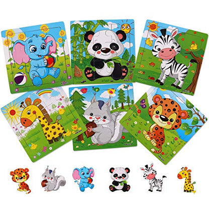 NASHRIO Wooden Puzzles for Toddlers 2-5 Years Old(Set of 6), 9 Pieces Preschool Educational and Learning Animal Jigsaw Puzzle Toy Gift Set for Boys and Girls