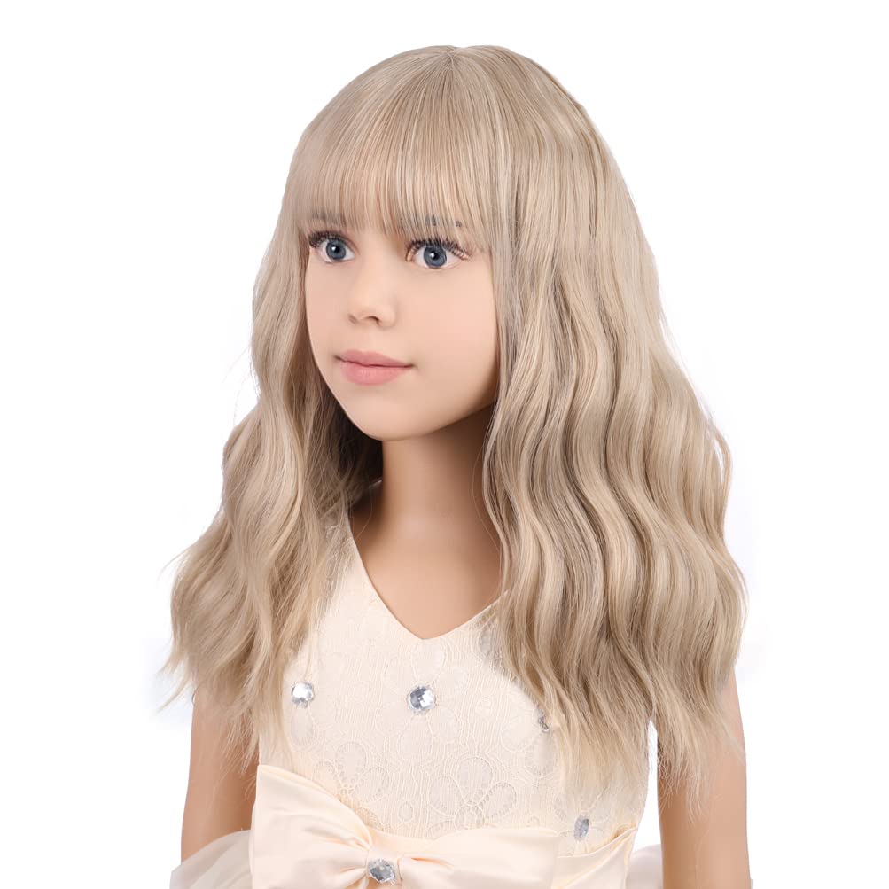 Blonde Wig Kids Child Wig Short Wavy Wig with Bangs Flaxen Blonde Wig Synthetic Girls Wig Cosplay Halloween Party Costume Wig (Flaxen Blonde)