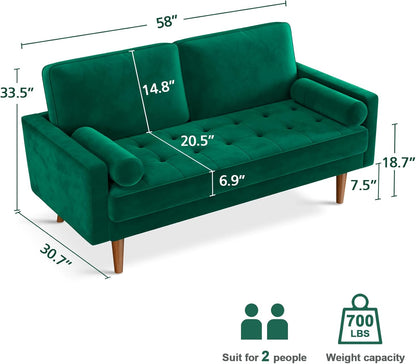 Vesgantti Loveseat Sofa, 58" Green Velvet Couch Small Couch Love Seat Sofa with Tufted Seat, Mid Century Modern Couch for Living Room, Bedroom, Office, Apartment (58 Inch, Green)