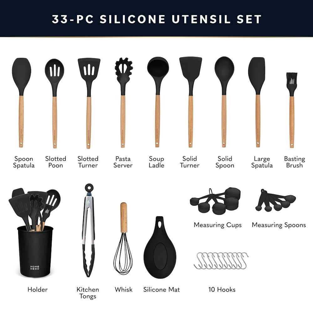 Home Hero 33 Pcs Silicone Kitchen Utensils Set, Non-Stick Silicone Cooking Utensils Set with Spatula, Wooden Handle Spatula, Silicone Kitchen Gadgets Utensil Set (33 Pcs - Blue)