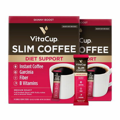 VitaCup Slim Instant Coffee Packets, with Garcinia, Fiber, B Vitamins, Bold & Smooth, Medium Dark Roast, 100% Arabica Coffee in Single Serve Sticks, 24 Ct