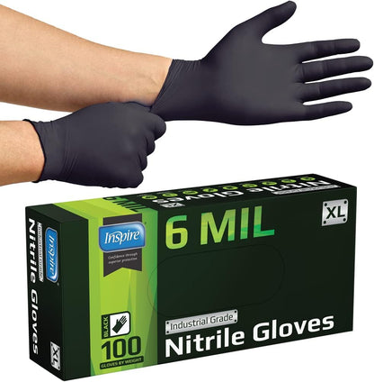 Inspire Black Nitrile Gloves HEAVY DUTY 6 Mil Nitrile Chemical Resistant Medical Cooking Cleaning Disposable Black Gloves