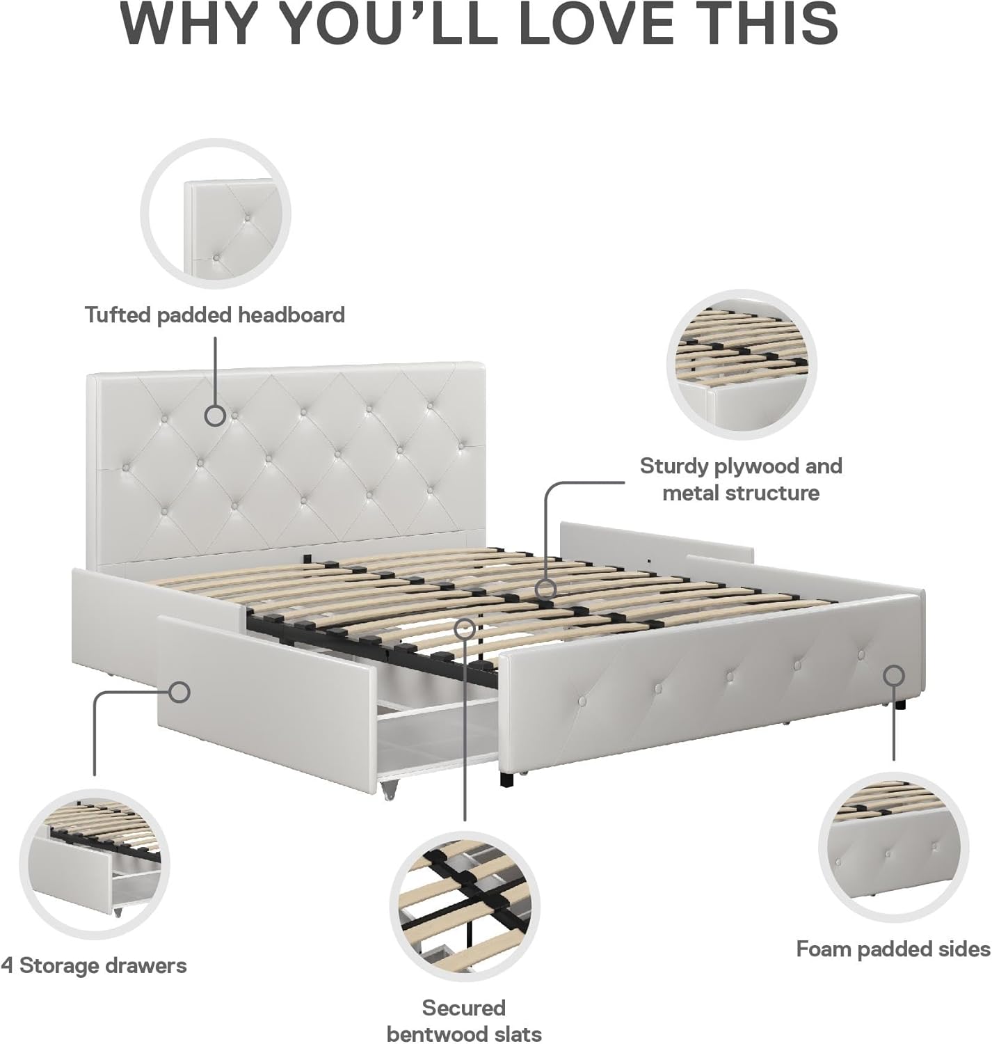 DHP Dakota Upholstered Platform Bed with Underbed Storage Drawers and Diamond Button Tufted Headboard and Footboard, No Box Spring Needed, Full, White Faux Leather