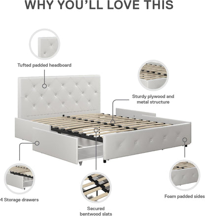 DHP Dakota Upholstered Platform Bed with Underbed Storage Drawers and Diamond Button Tufted Headboard and Footboard, No Box Spring Needed, Full, White Faux Leather