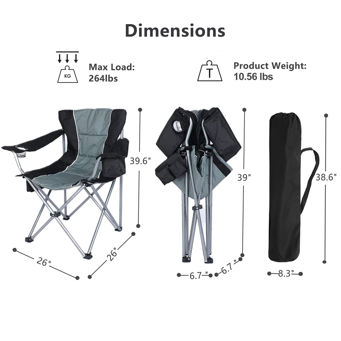 YSSOA Folding Beach Adults, Portable Heavy-Duty Chairs Made of High Strength 600D Oxford Fabric and Steel Frame for Outdoors, Camping, Picnic, BBQ, 1-Pack, Grey