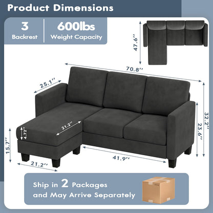 Convertible Sectional Sofa Couch, L-Shaped 3 Seat with Linen Fabric and Movable Ottoman, for Small Apartments, Living Room and Office, Dark Gray