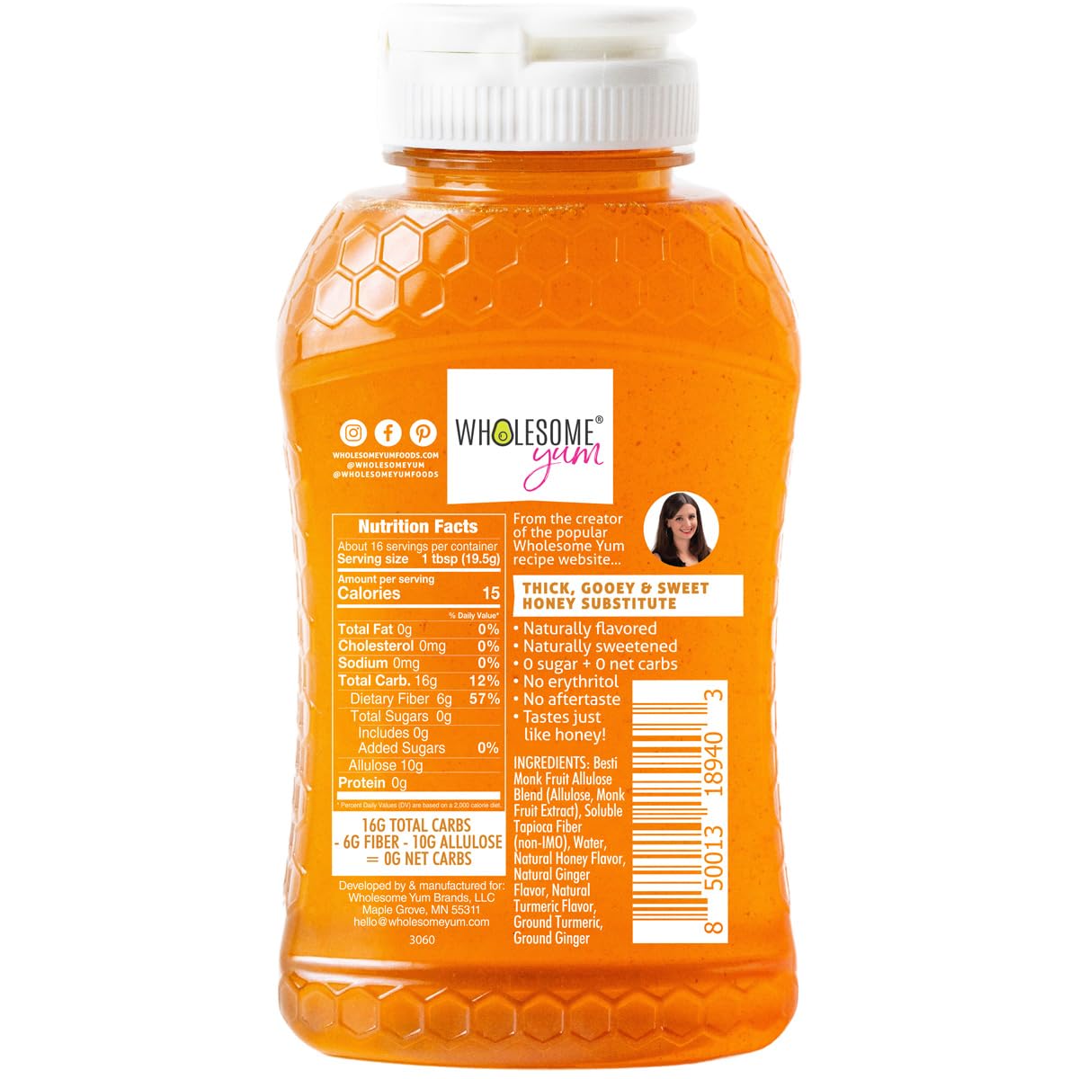 Wholesome Yum Zero Sugar Honey Substitute (Keto Honey) - Natural Sugar Free Honey Alternative With Monk Fruit & Allulose - Zero Net Carbs, Non GMO, Gluten Free, No Aftertaste (11 oz)