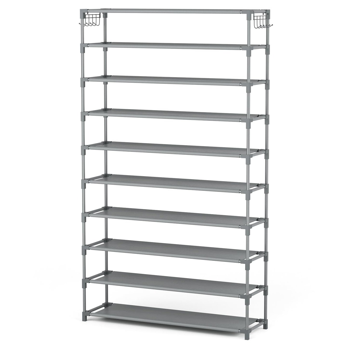 10 Tiers Shoe Rack 50 Pairs Large Capacity Tall Shoe Organizer Sturdy Shoe Storage with Two Hooks Space Saving Metal Wide Shoe Rack for Closet, Entryway, Bedroom, Grey