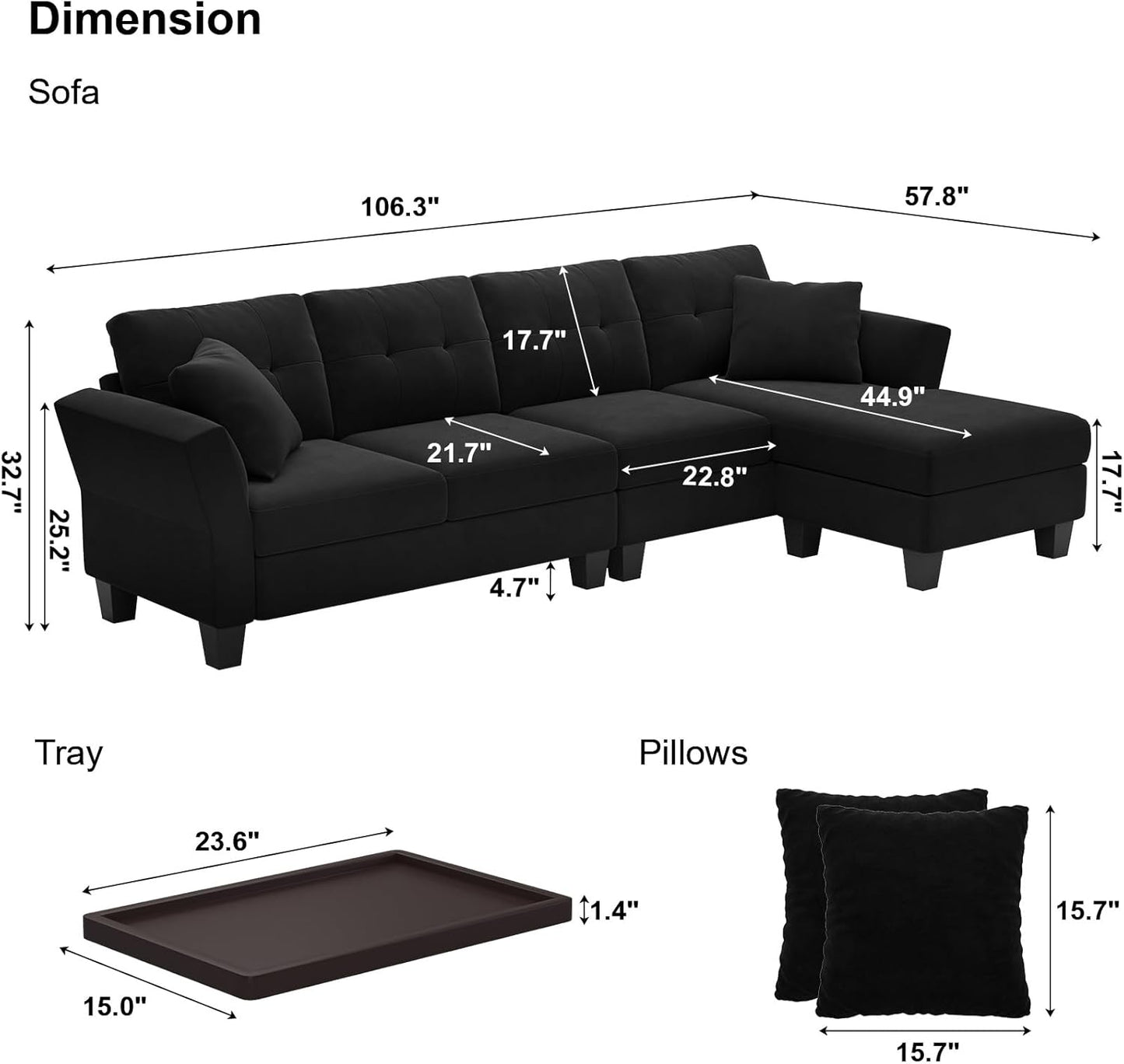 Belffin Convertible Sectional Couch Velvet L Shaped Sofa 4 Seat Sofa with Chaise L-Shaped Couches Reversible Sectional Sofa (Black, L Shaped Couch)