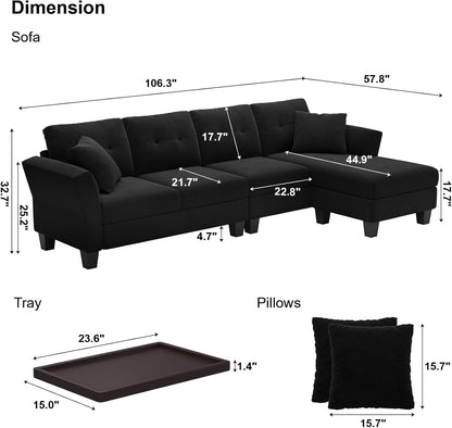 Belffin Convertible Sectional Couch Velvet L Shaped Sofa 4 Seat Sofa with Chaise L-Shaped Couches Reversible Sectional Sofa (Black, L Shaped Couch)