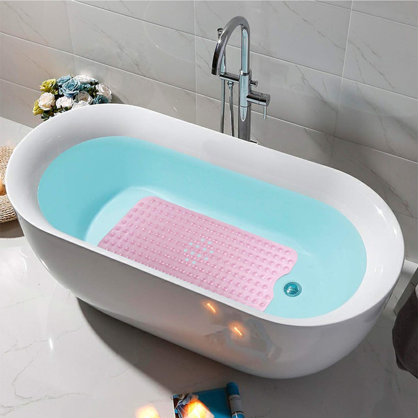 YINENN Bath Tub Shower Safety Mat 40 x 16 Inch Non-Slip and Extra Large, Bathtub Mat with Suction Cups, Machine Washable Bathroom Mats with Drain Holes, Clear