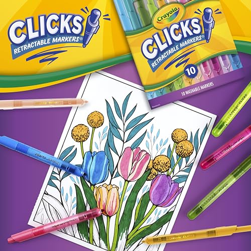 Crayola Clicks Retractable Tip Markers (10ct), Washable Art Marker Set, Coloring Markers for Kids, Back to School Supplies, 3+