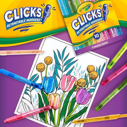 Crayola Clicks Retractable Tip Markers (10ct), Washable Art Marker Set, Coloring Markers for Kids, Back to School Supplies, 3+