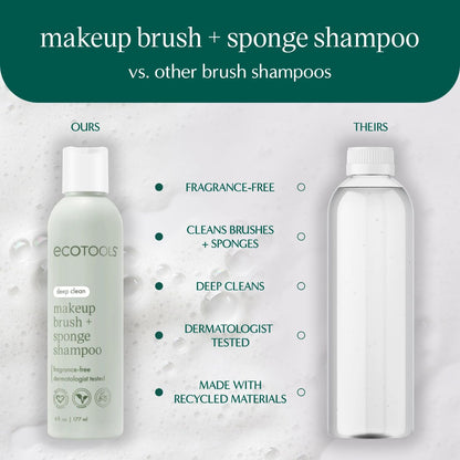 EcoTools Makeup Brush + Sponge Shampoo, Remove Makeup & Impurities From Brushes, Sponges, & Puffs, Fragrance-Free Brush Cleanser, No Harsh Chemicals, Vegan, & Cruelty-Free, 6 fl.oz./ 177 ml, 1 Count