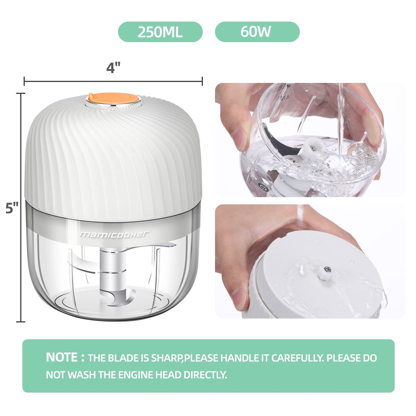 Electric Garlic Chopper, Mini Portable Veggie Chopper, 250ML Garlic Grinder Masher Onion Chopper, Blender to Vegetable, Wireless Food Processor for Ginger, Chili, Fruit, Meat, etc