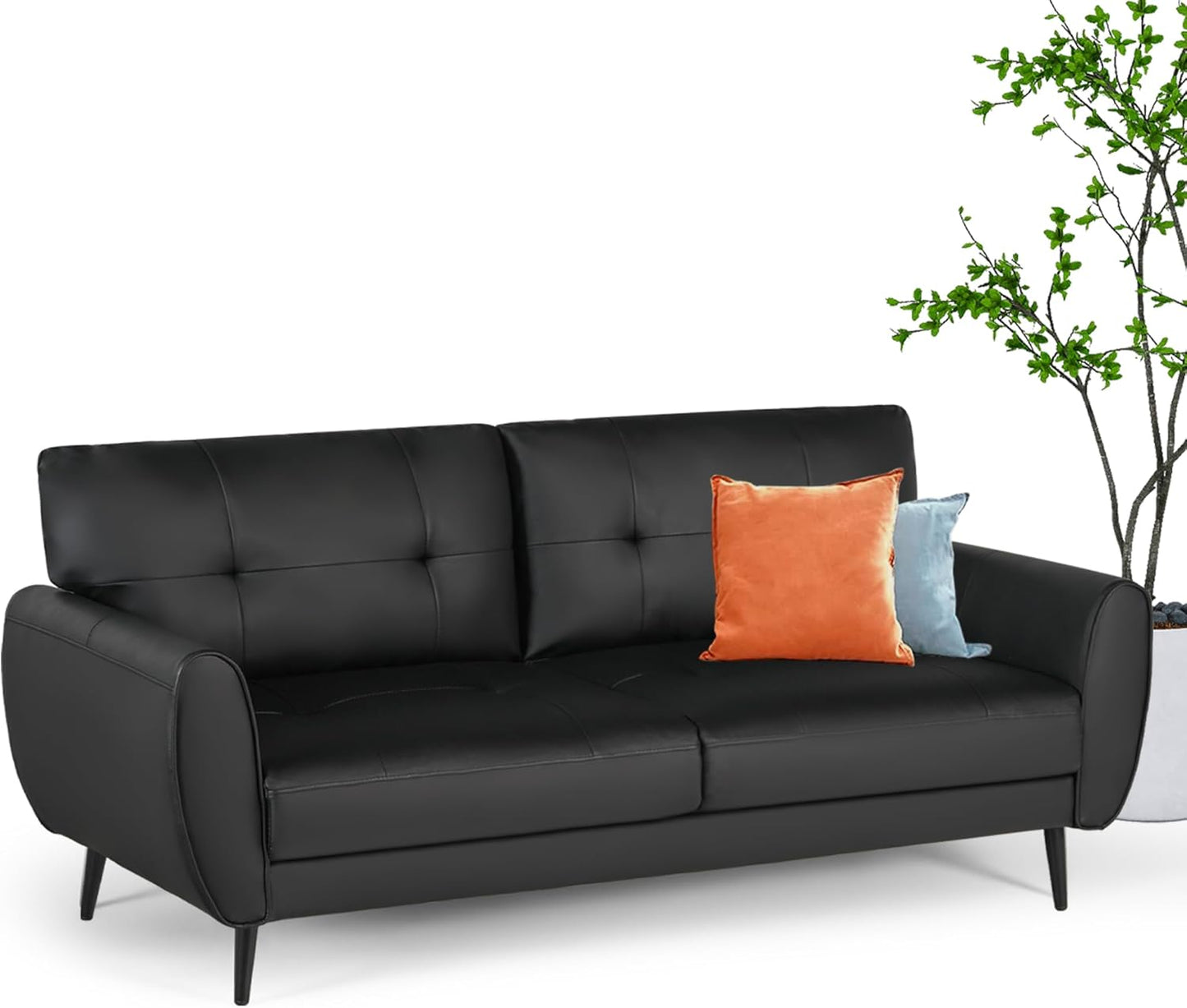 Sofa Couch, 60" Loveseat Sofa for Living Room, Mid Century Mini Black Couch, Tufted Leather Love Seat Furniture, Comfy Office Sofa 2 Seat, Small Couches for Small Spaces, Bedroom, Apartment