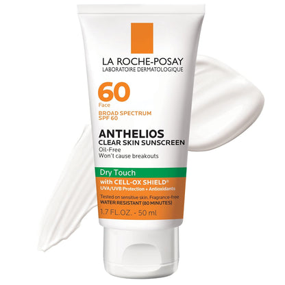 La Roche-Posay Anthelios Clear Skin Sunscreen Dry Touch SPF 60 | Oil Free Sunscreen For Face | Oil Absorbing | Broad Spectrum SPF + Antioxidants | Non-Greasy | Oxybenzone Free | Travel Size Sunscreen