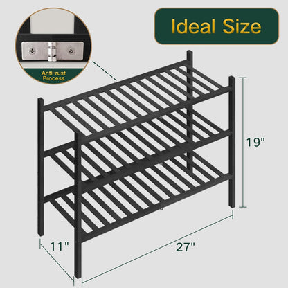 Z&L HOUSE 3-Tier Shoe Rack for Closet, Stackable Bamboo Shoe Rack for entryway, Hallway, Bathroom, Multifunctional Utility Free Standing Shoe Shelf Black