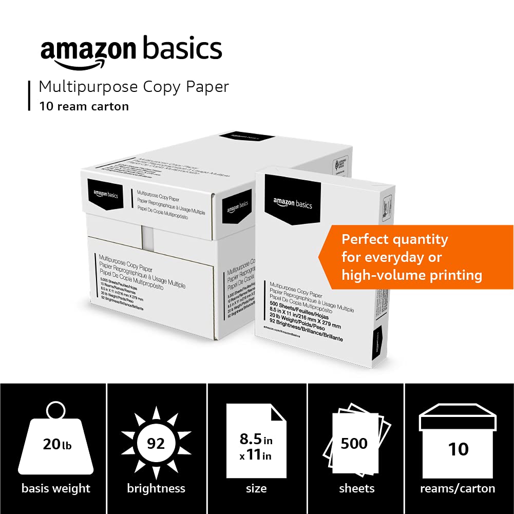 Amazon Basics Multipurpose Copy Printer Paper, 8.5" x 11", 20 lb, 3 Reams, 1500 Sheets, 92 Bright, White