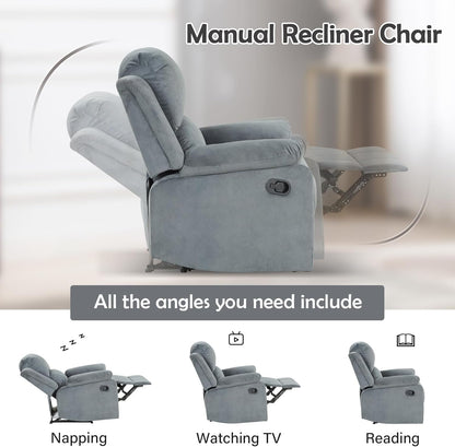 Phoenix Home Manual Recliner Chair, Soft Fabric Overstuffed Recliner Single Sofa Recliner for Living Room, Heavy Duty and Safety Reclining Mechanism,Grey3