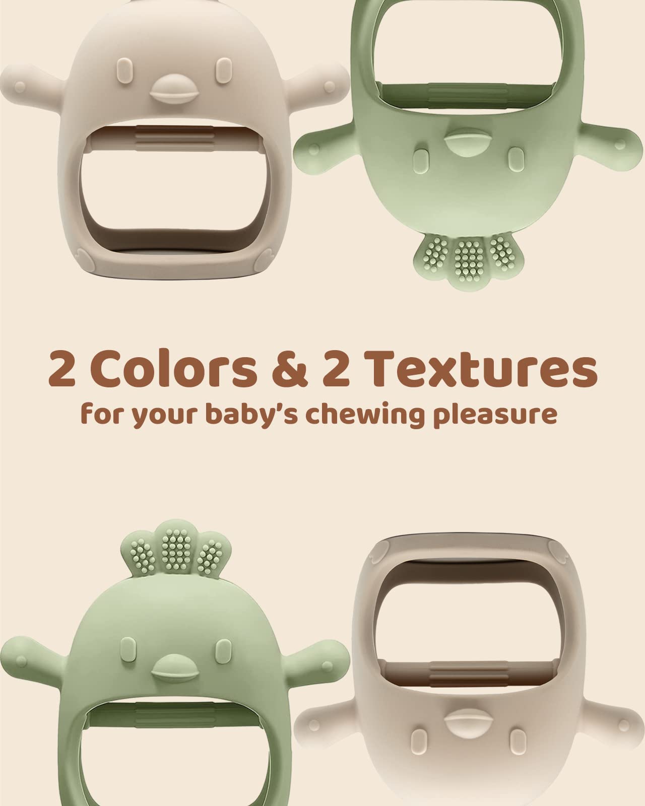 2 Packs Baby Teething Toy for 0-6 6-12 months, Food Grade Silicone Teething Mitten, Anti Dropping Wrist Hand Teethers Baby Chew Toys for Sucking Needs, BPA Free (Green & Caramel)