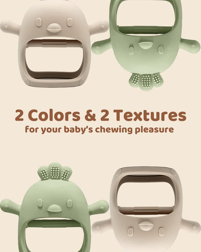 2 Packs Baby Teething Toy for 0-6 6-12 months, Food Grade Silicone Teething Mitten, Anti Dropping Wrist Hand Teethers Baby Chew Toys for Sucking Needs, BPA Free (Green & Caramel)