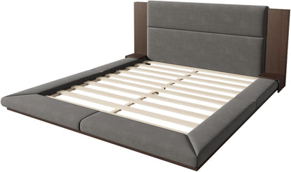 Merax Floor Upholstered Platform Bed with Extended Wood Headboard & Bedside Shelf,No Box Spring Needed,King Size,Gray