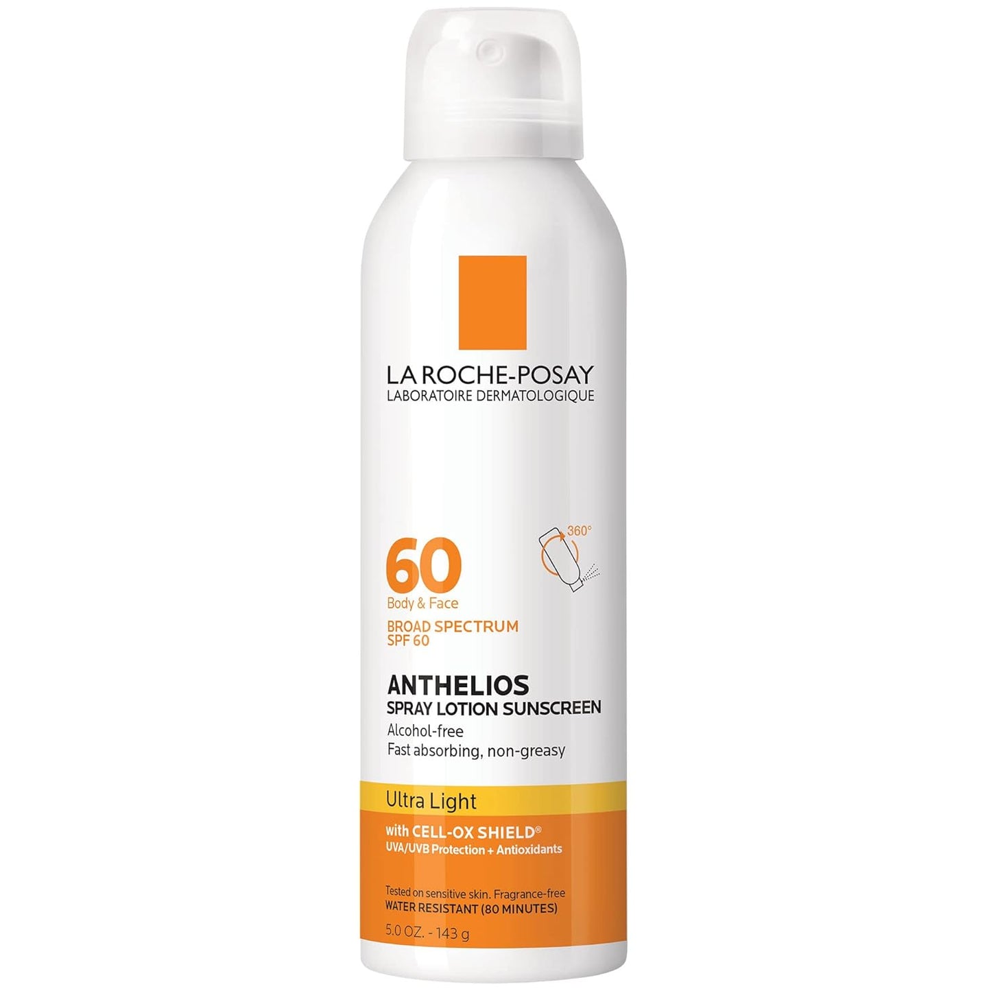 La Roche-Posay Anthelios Ultra-Light Sunscreen Spray Lotion SPF 60 | Spray Sunscreen For Face & Body | Broad Spectrum SPF + Antioxidants | Oil Free | Alcohol Free | Water Resistant 80 Min. | 5 Fl. Oz.