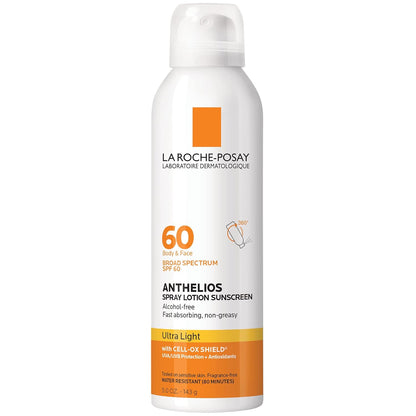 La Roche-Posay Anthelios Ultra-Light Sunscreen Spray Lotion SPF 60 | Spray Sunscreen For Face & Body | Broad Spectrum SPF + Antioxidants | Oil Free | Alcohol Free | Water Resistant 80 Min. | 5 Fl. Oz.