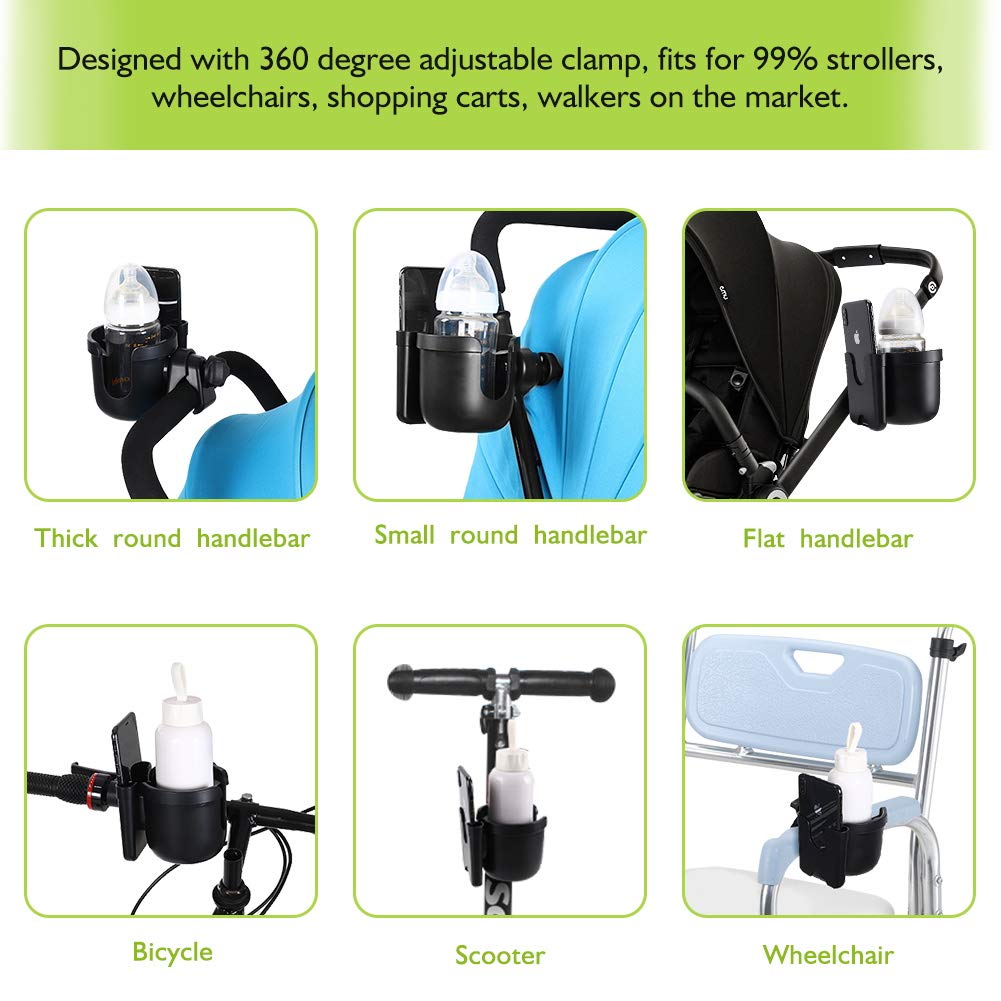 Accmor Stroller Cup Holder with Phone Holder, Bike Cup Holder, Universal Cup Holder for Uppababy Nuna Doona Strollers, 2-in-1 Cup Phone Holder for Stroller, Bike, Wheelchair, Walker, Scooter