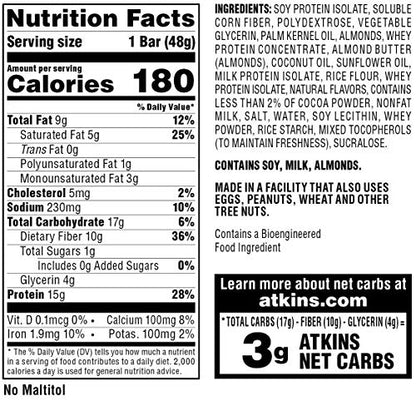 Atkins Double Fudge Brownie Protein Meal Bar, High Fiber, 15g Protein, 1g Sugar, 4g Net Carb, Meal Replacement, Keto Friendly