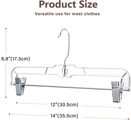 HOUSE DAY 12 Pack 14 inch Clear Plastic Skirt Hangers with Adjustable Clips, Pants Hangers 360-Rotating Swivel Hook, Clip Hangers for Pants, Trousers, Skirts, Jeans, Bulk Plastic Hangers