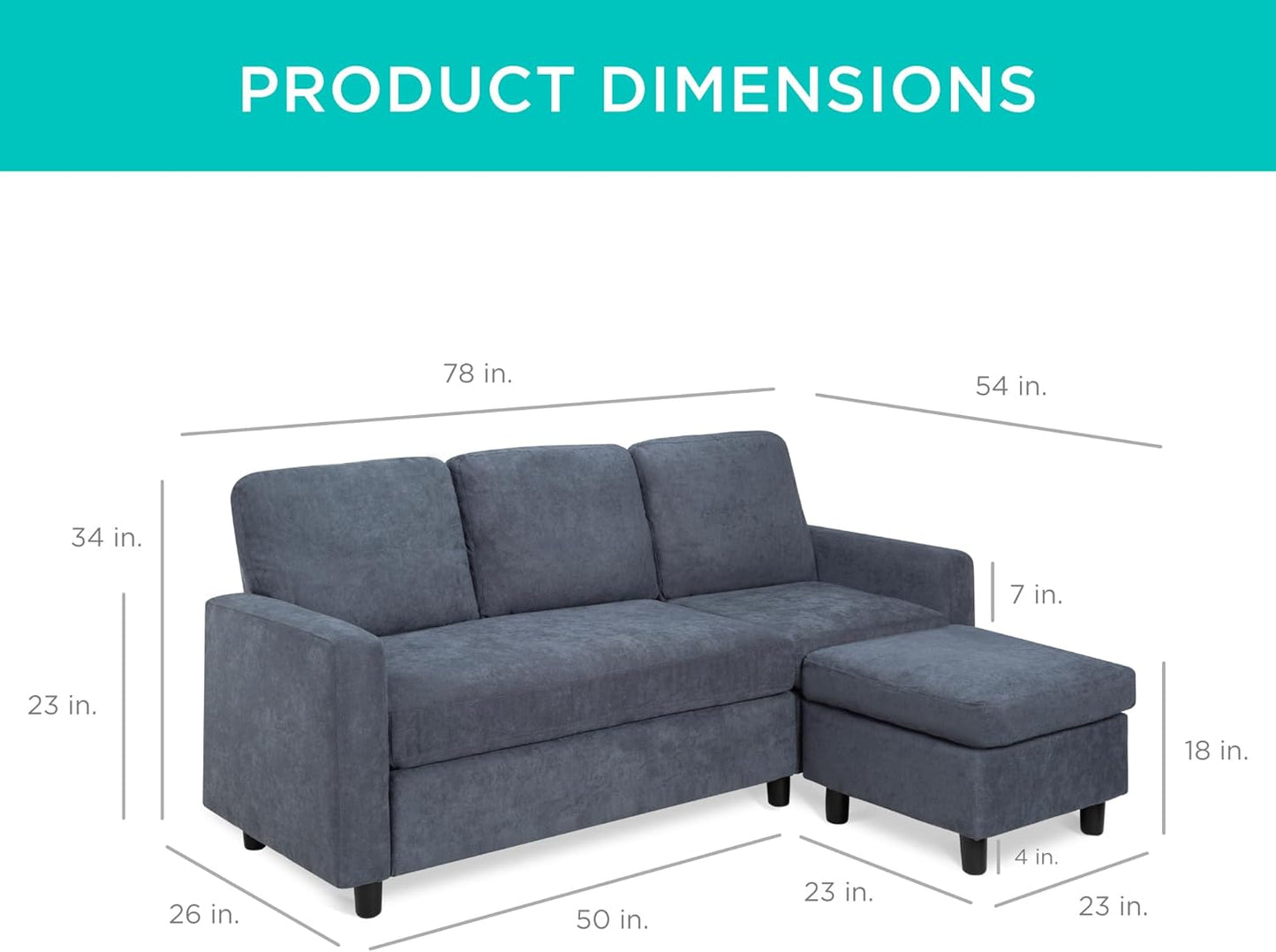 Best Choice Products Upholstered Sectional Sofa for Home, Apartment, Dorm, Bonus Room, Compact Spaces w/Chaise Lounge, 3-Seat, L-Shape Design, Reversible Ottoman Bench, 680lb Capacity - Blue/Gray