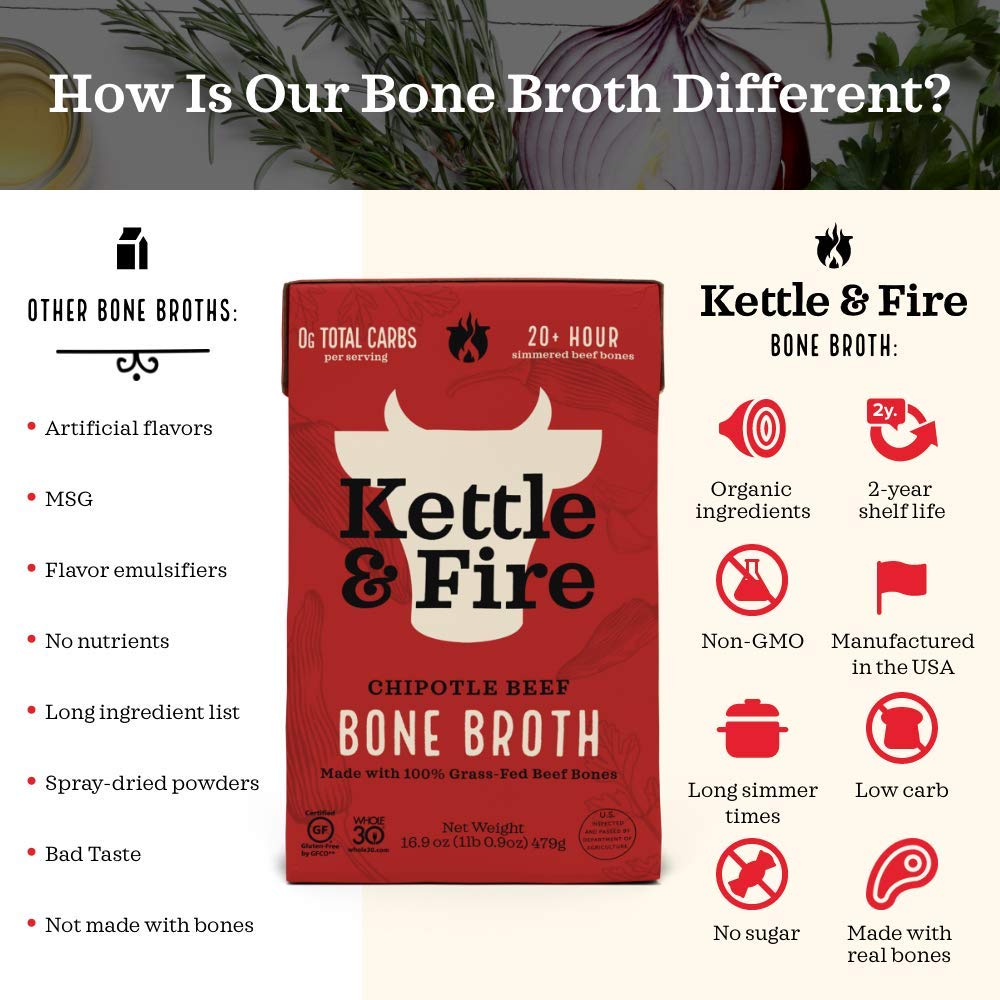 Kettle and Fire Classic Beef Bone Broth, Keto, Paleo, and Whole 30 Approved, Gluten Free, High in Protein and Collagen (6 Pack)