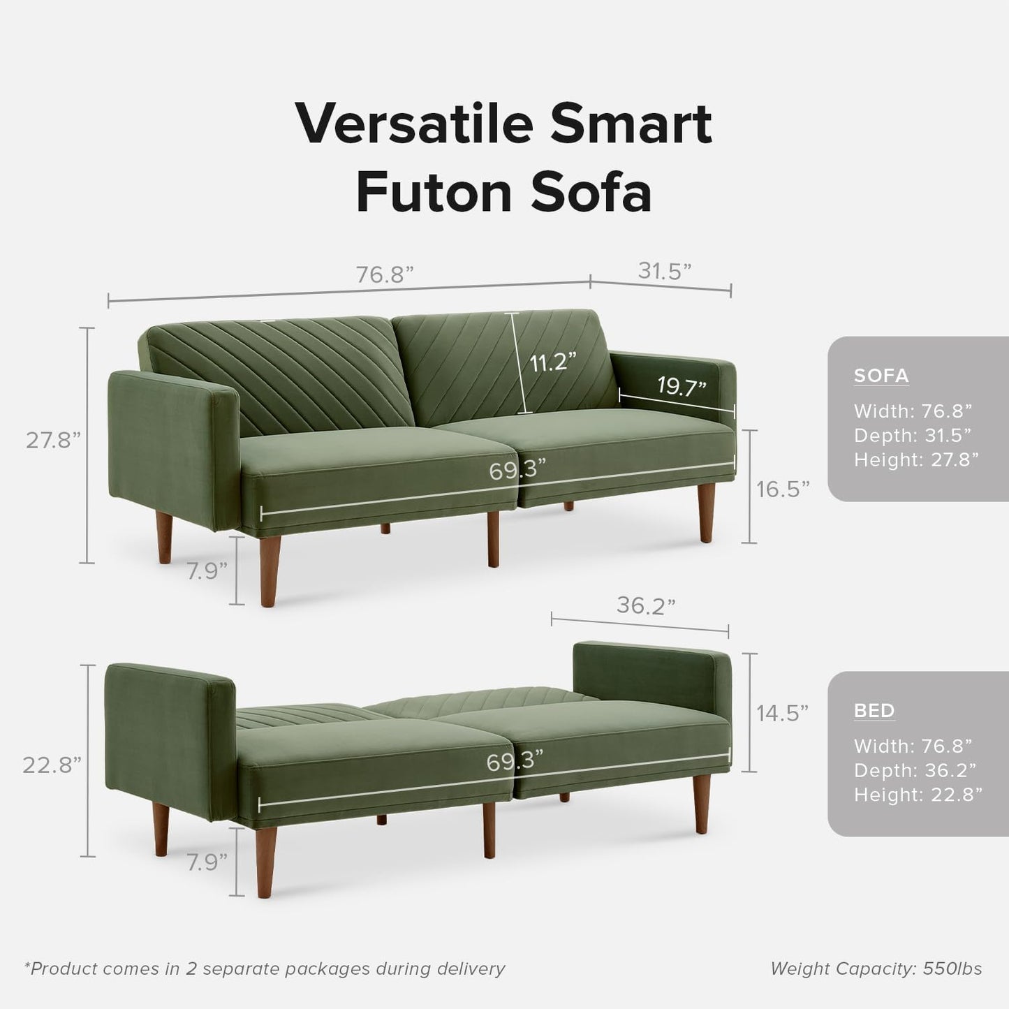 mopio Futon Sofa Bed, Couch, Small Sofa, Sleeper Sofa, Loveseat, Mid Century Modern Futon Couch, Sofa Cama, Couches for Living Room (Olive Green Premium Velvet)