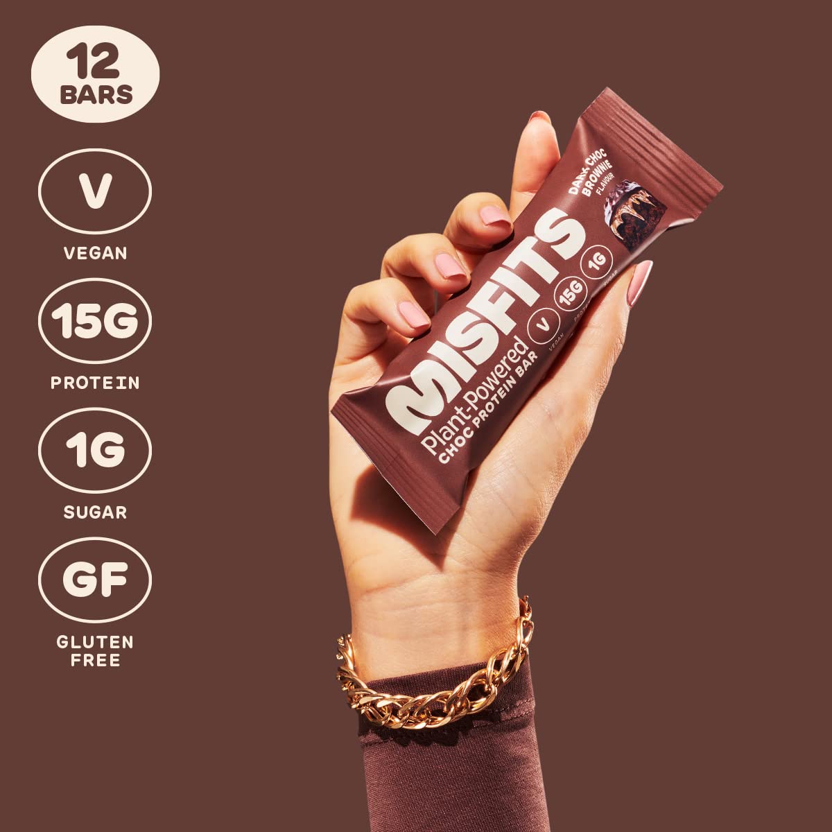 Misfits Vegan Protein Bar, Variety Pack, Plant Based Chocolate Protein Bars, High Protein Snacks for Adults with 15g Plant Protein Per Bar, Low Carb, 1g Sugar, High Fiber, Healthy Snack Food, 12 Pack