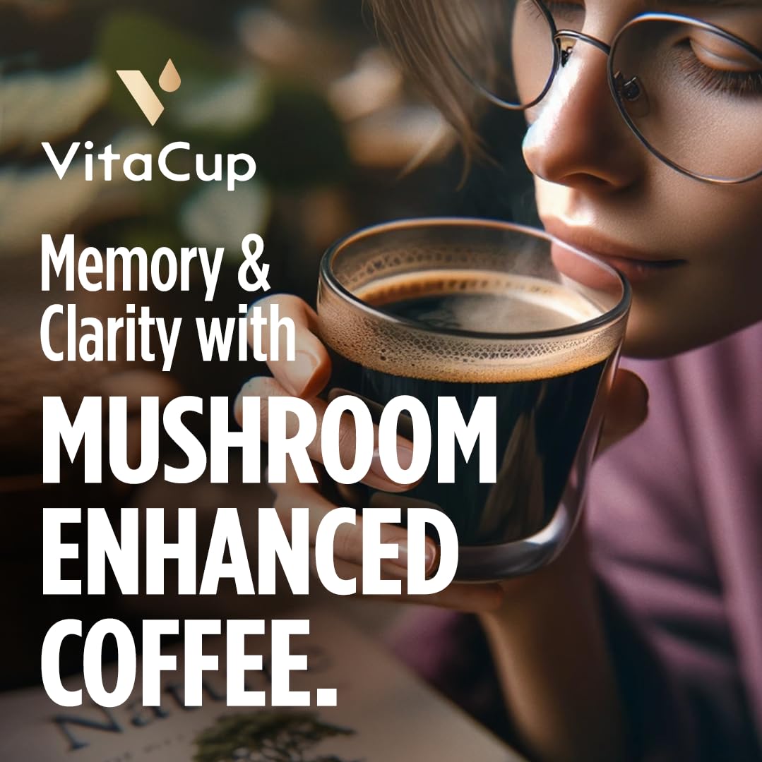 VitaCup Mushroom Coffee Pods - Boost Focus & Immunity with Lions Mane, Chaga, Vitamins, for Memory & Clarity, Recyclable K-Cup Pods, 16 Ct