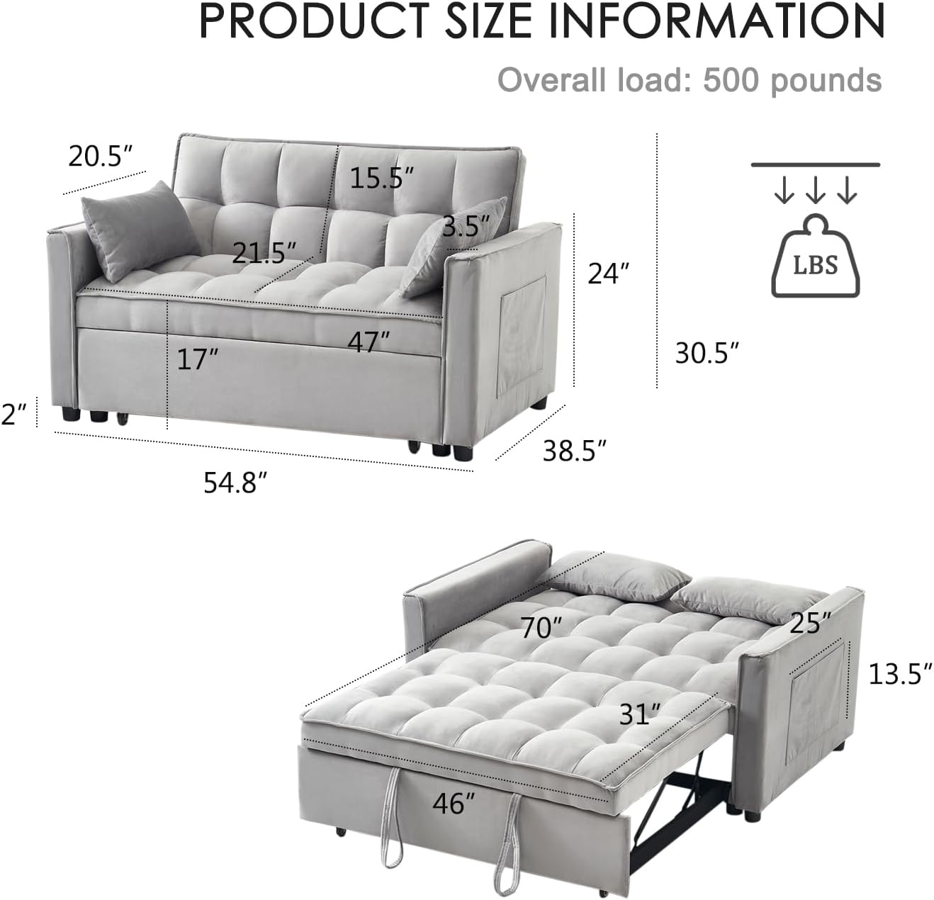 Convertible Sleeper Sofa Bed, Modern Velvet 3-in-1 Futon Couch Pullout Bed with Adjustable Backrest, Storage Pockets and Toss Pillows for Living Room, Bedroom (Grey)